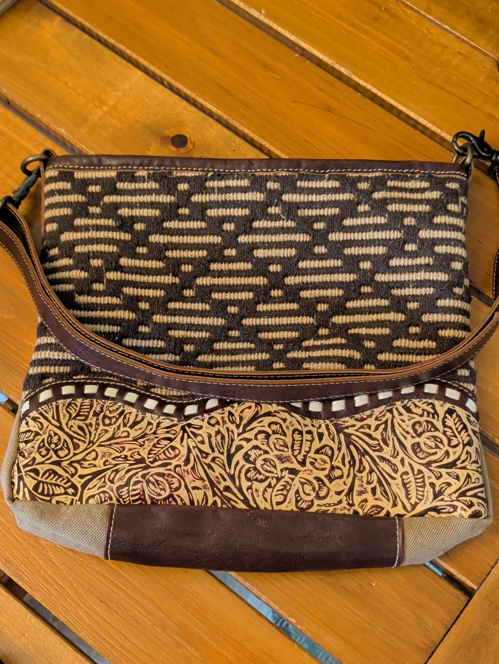 Myra Bag Brown Engraved Leather & Tan Patterned Women's Shoulder Crossbody Bag